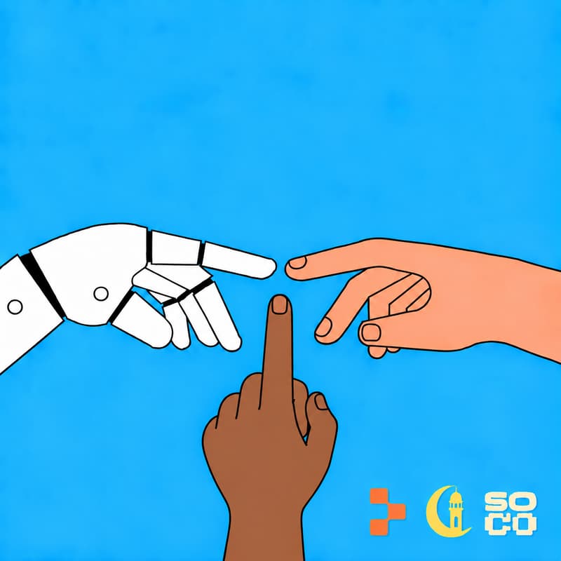 Colabathon event artwork: three human and robotic hands meeting against a bright blue background